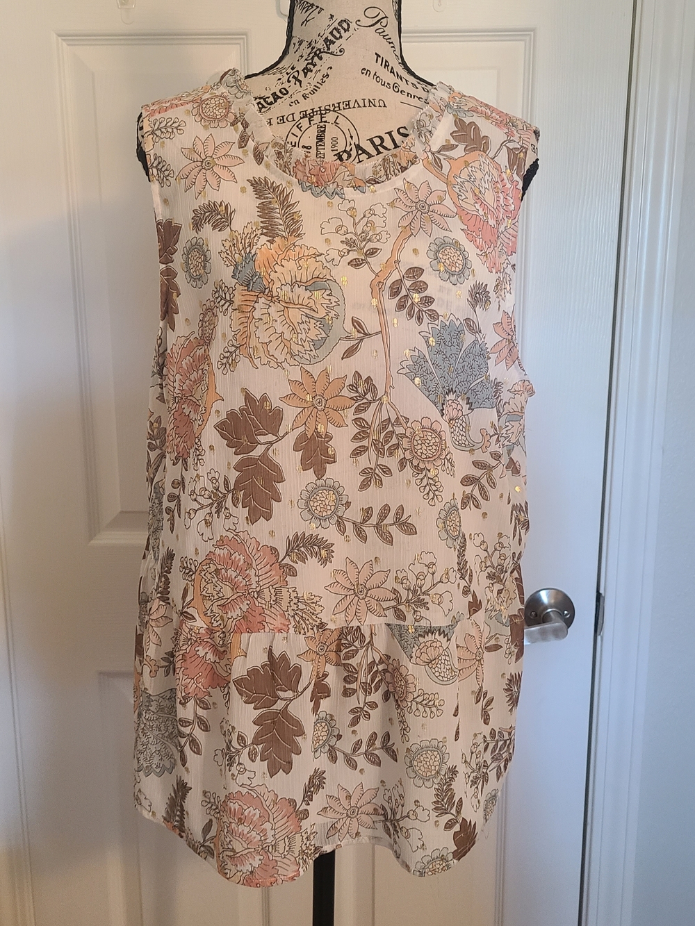 LOFT Cream Floral Sleeveless Tiered Tunic with Pink & Brown